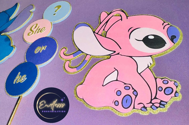 May include: Pink cartoon character with blue accents and gold glitter trim. The image includes gender reveal party decorations with the words "She or he" and a question mark. A logo with the text "Endlesss Possibilities" is also visible.