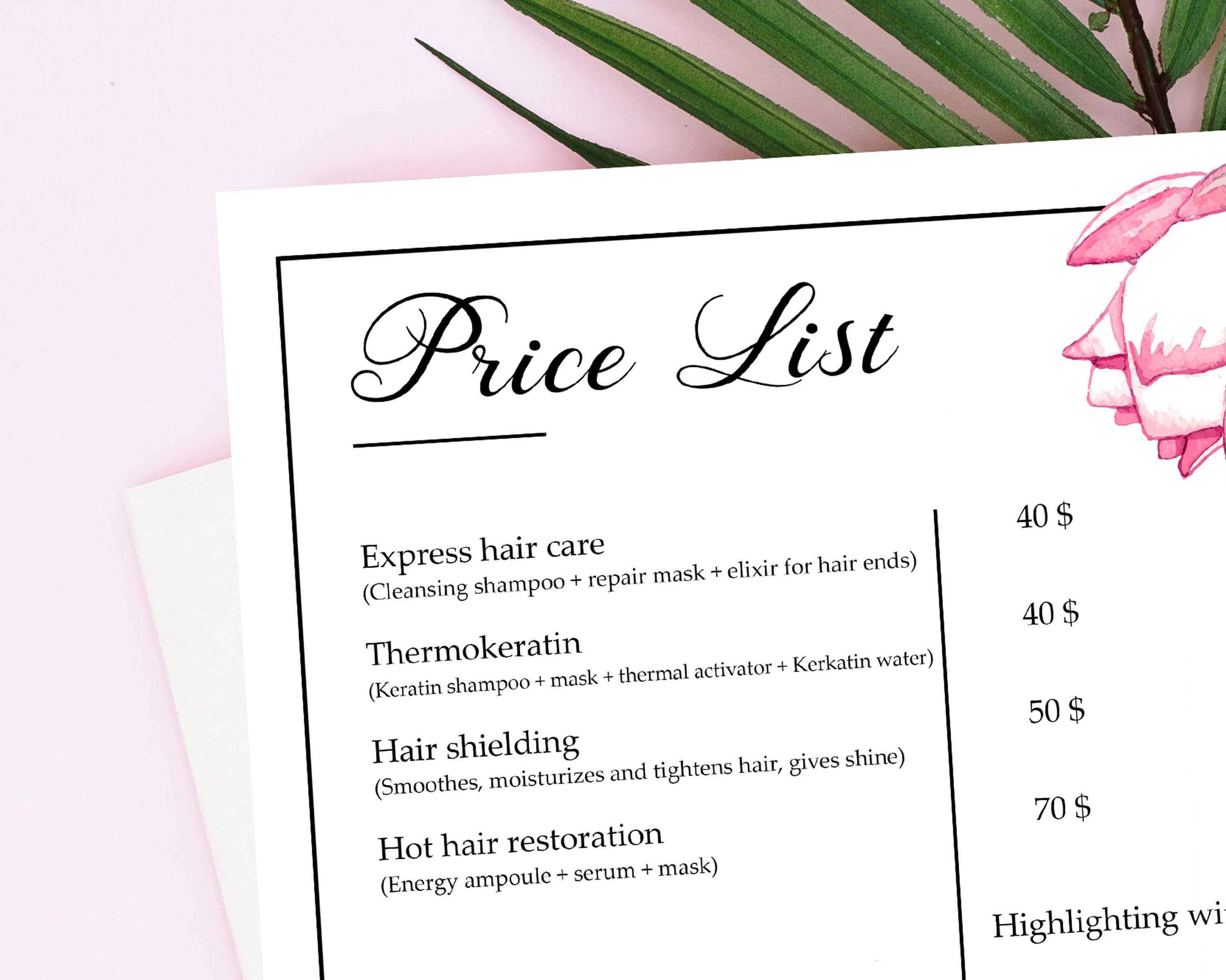 Price list for salon Flowers Lotus Delicate Minimalistic Etsy