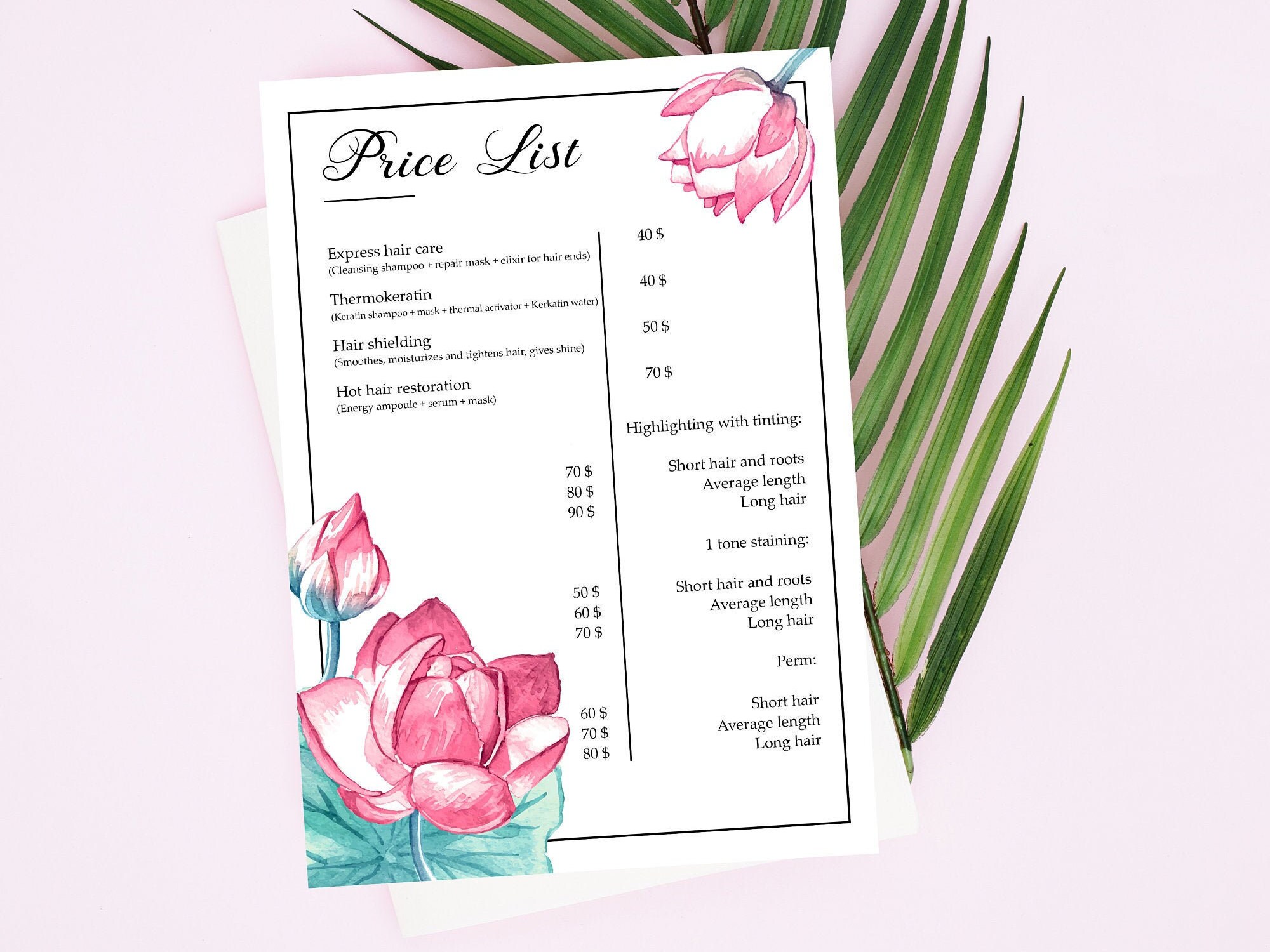 Price list for salon Flowers Lotus Delicate Minimalistic Etsy