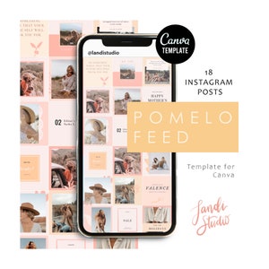 Instagram Posts Template for Canva | Instagram Feed Template, 18 posts, Canva Templates, Instagram Post Templates, Minimalist, Pink, Pomelo