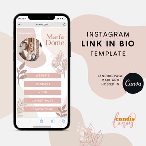 Può includere: Un mockup di uno schermo di telefono cellulare che mostra un modello di link in bio per Instagram. Il modello presenta uno sfondo rosa chiaro con illustrazioni floreali e una foto del profilo di una donna. Il testo "María Dome" è visualizzato nella parte superiore dello schermo. Il modello include pulsanti per "Sito web", "Podcast", "Vlog", "Post più recente" e "Contattami". Il testo "INSTAGRAM LINK IN BIO TEMPLATE" è visualizzato nella parte superiore dello schermo. Il testo "LANDING PAGE MADE AND HOSTED IN Canva" è visualizzato nella parte inferiore dello schermo.