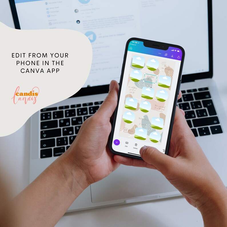 May include: A person using a smartphone to edit a design in the Canva app. The design features a grid of 12 images with a light blue sky, green grass, and white clouds. The app interface includes buttons for "Edit", "Delete", and "Undo".