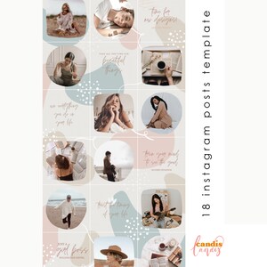 May include: A template for 18 Instagram posts with a light gray background and pastel pink and blue shapes. The template includes text such as "Time for new designs", "Take all the time for beautiful things", "Trust the timing of your life", and "Just a girl boss".