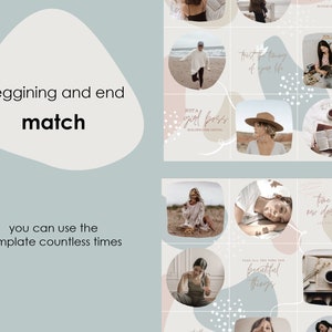 May include: A collage of nine images with a light blue, beige, and white background. The images feature a woman in various settings, including a beach, a field, and a coffee shop. The images are arranged in a grid pattern and include text such as "Just a girl boss" and "Time for new designs".