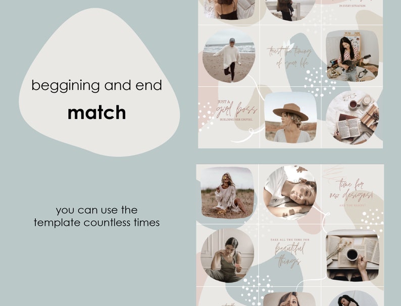 May include: A collage of nine images with a light blue, beige, and white background. The images feature a woman in various settings, including a beach, a field, and a coffee shop. The images are arranged in a grid pattern and include text such as "Just a girl boss" and "Time for new designs".