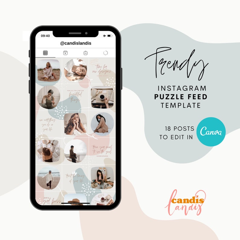 May include: A phone screen displaying a template for an Instagram puzzle feed. The template is made up of 18 squares, each with a different image or text. The images are mostly of a woman in various poses, with some images of coffee cups, books, and other objects. The text on the squares includes phrases like "Take all the time for breathtaking things" and "This your path to something good". The template is designed to be used with the Canva app.