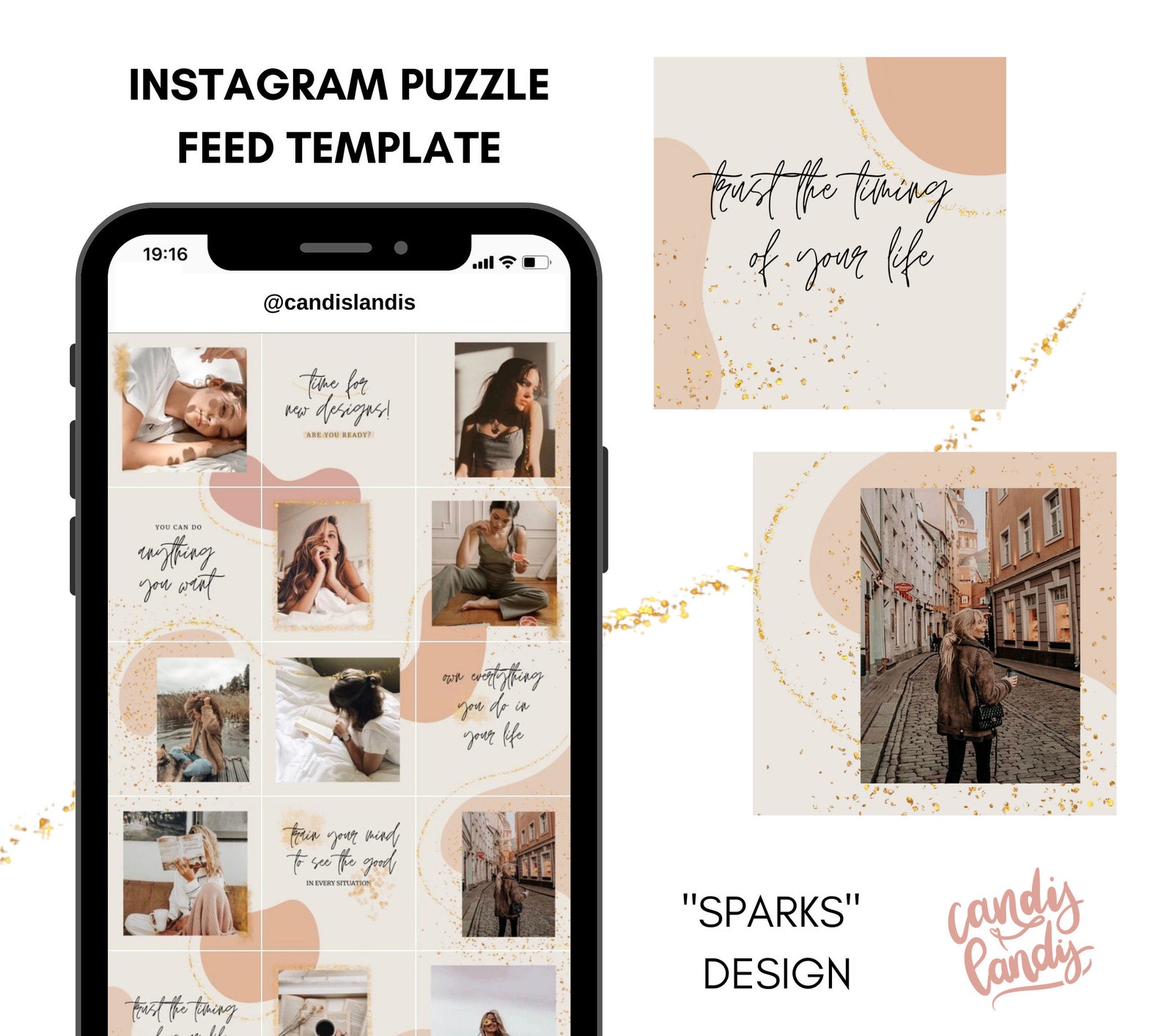 Instagram Puzzle Feed Template for Canva Sparks Golden, Gold, Sparks ...
