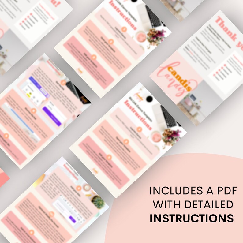 May include: A pink and white digital download product with the text "Includes a PDF with detailed instructions" and the text "Candis Avery" in a pink and white font. The product is a digital template for creating a link in bio.