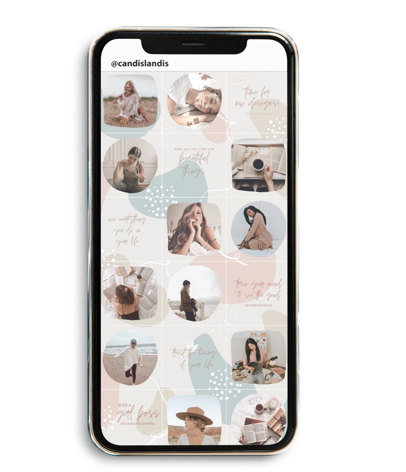 May include: A collage of images on a smartphone screen. The images feature a woman in various settings, including a bedroom, a beach, and a coffee shop. The images are arranged in a grid pattern and are surrounded by a white border. The text "Just a girl boss" is visible in the bottom left corner of the collage.