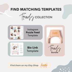 May include: A digital product bundle featuring Instagram puzzle feed templates, a bio link template, and a trendy bundle. The image includes a collage of Instagram posts, a bio link template, and a box with the text "candis candis" on it. The text "Find them on my Etsy Shop" is also included in the image.