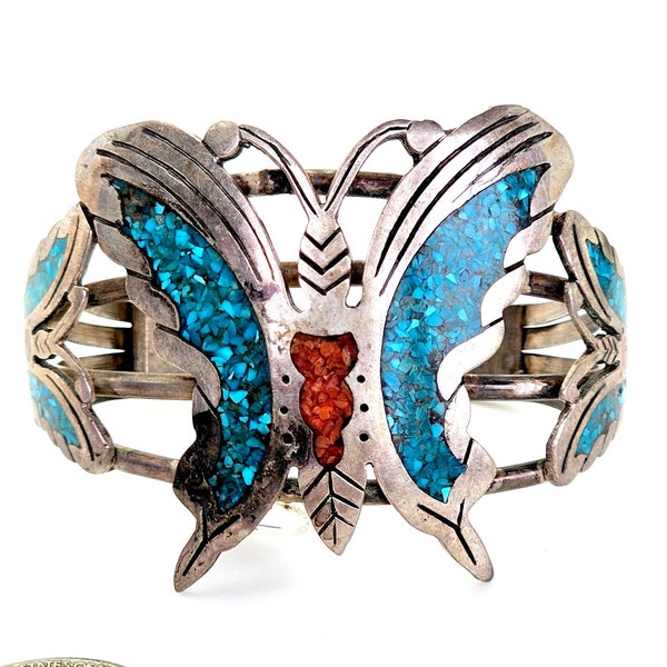 Tommy Singer Style Butterfly Chip Inlay Turquoise Coral Vintage Handmade Navajo Native American Bracelet 1970s