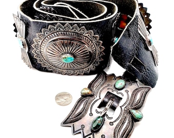 Hosteen Goodluck Style Massive Navajo Native American Vintage Handmade Concho Belt Natural Turquoise Silver Wide Leather  1920s-1930s