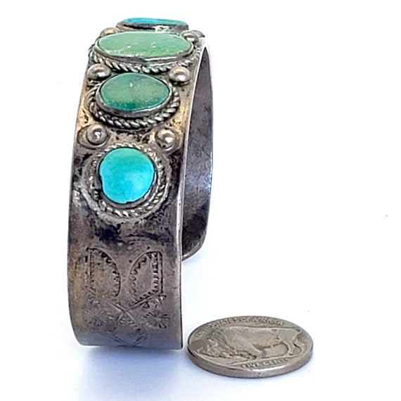 Heavy 1940's Turquoise and Silver Navajo Bracelet… - image 2