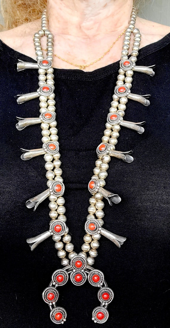 Magnificent Coral Squash Blossom Necklace Vintage… - image 7