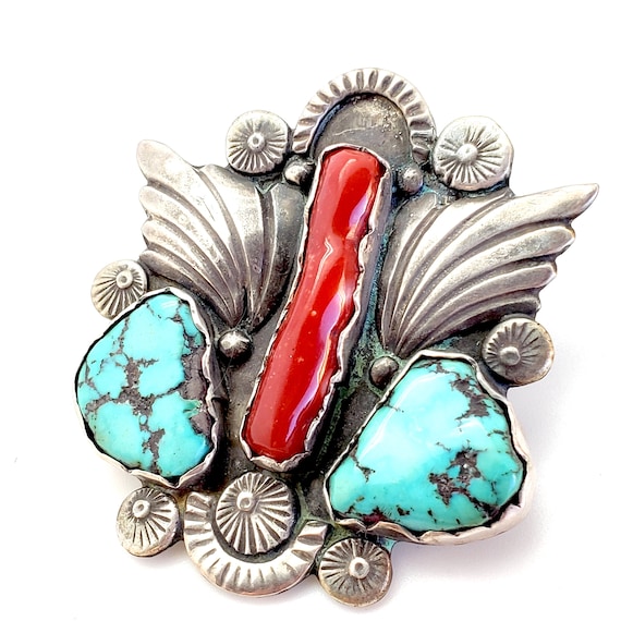 1940s Dan Simplicio Coral Turquoise Silver Pin Br… - image 2