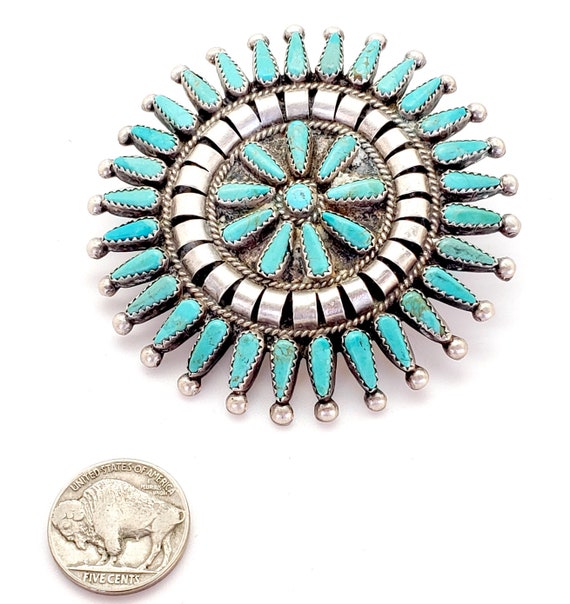 Incredible Vintage Native American Zuni Blue Gem Turquoise Petit Pointe Sterling Silver Pin Incredible Vintage Native American Zuni Blue Gem Turquoise Petit Pointe Sterling Silver Pin