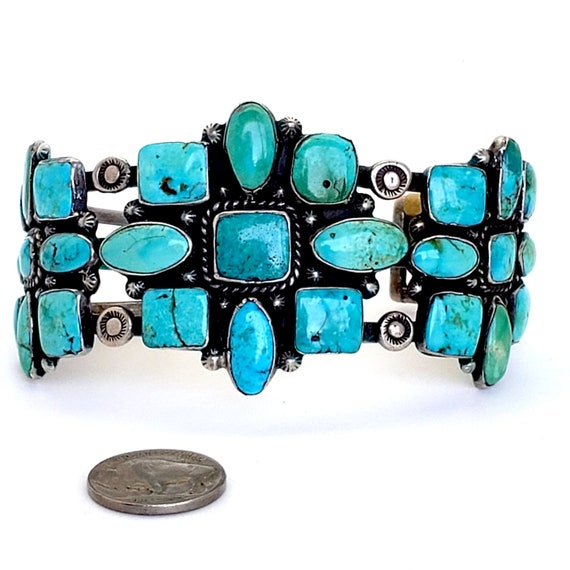 Massive 27 Stone 1950's Turquoise and Silver Brac… - image 1