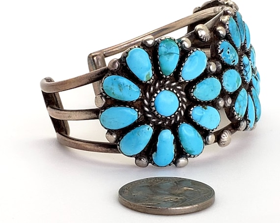 Rosette Silver and Turquoise Bracelet Cuff Native… - image 2