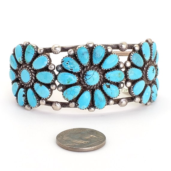 Rosette Silver and Turquoise Bracelet Cuff Native… - image 1