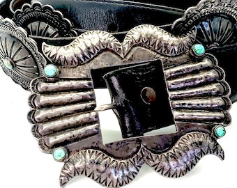 Vintage Navajo Turquoise Concho Belt, Hand Stamped Sterling Silver