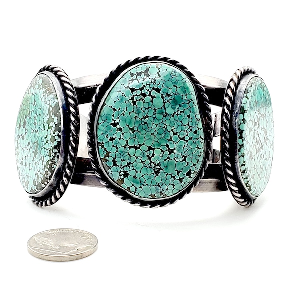 Native American Huge Three Turquoise Spiderweb Sterling Silver Vintage Bracelet Old Native American Huge Three Turquoise Spiderweb Sterling Silver Vintage Bracelet Old