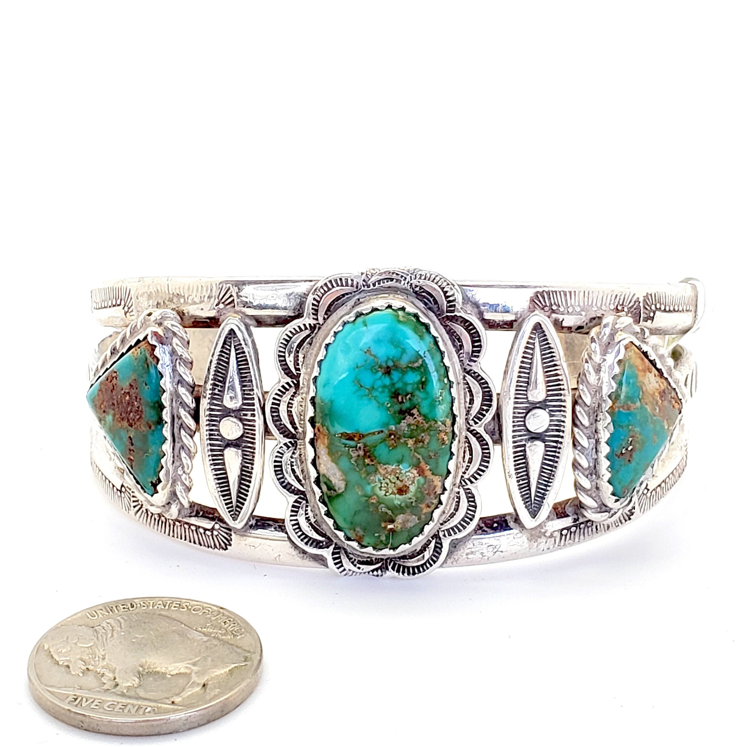 Very Cool Elaborate Stampwork 1980s Silver Turquoise Cuff Very Cool Elaborate Stampwork 1980s Silver Turquoise Cuff