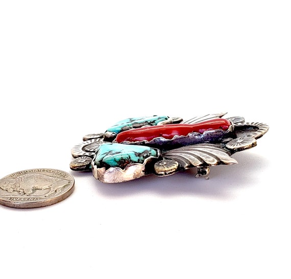 1940s Dan Simplicio Coral Turquoise Silver Pin Br… - image 4