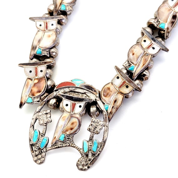 Wonderous Owls Zuni Inlay Shell Silver Turquoise … - image 1