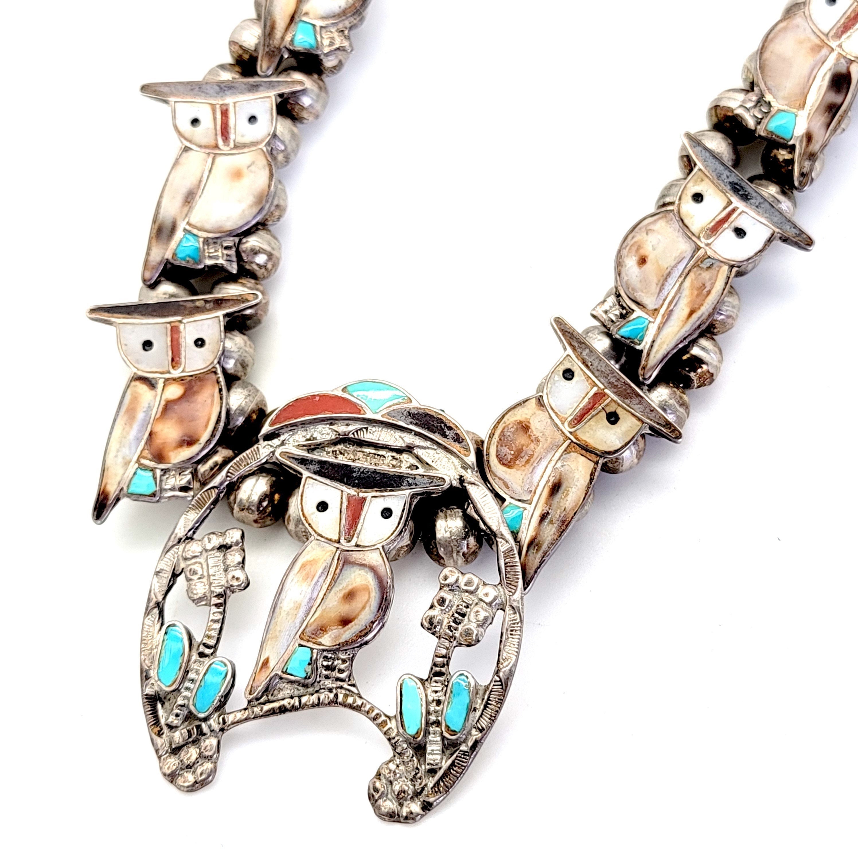 Wonderous Owls Zuni Inlay Shell Silver Turquoise MOP Vintage Native American Handmade Necklace