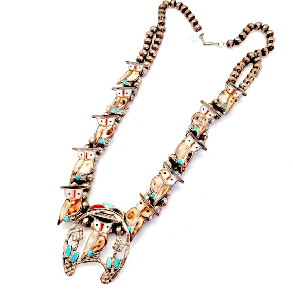 Wonderous Owls Zuni Inlay Shell Silver Turquoise … - image 2