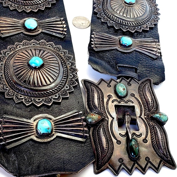 Ceinture Concho Navajo Argentée Et Turquoise - Ancienne Main - Longueur 44 Pouces