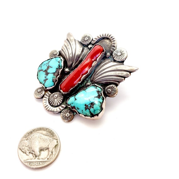 1940s Dan Simplicio Coral Turquoise Silver Pin Br… - image 3