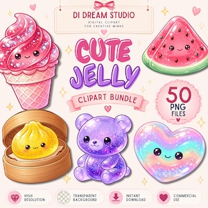 May include: A digital clipart bundle titled CUTE JELLY featuring 50 PNG files. The collection includes a pink glittery ice cream cone, a watermelon slice, a yellow dumpling in a bamboo steamer, a purple glittery bear, and a rainbow heart, all with faces.