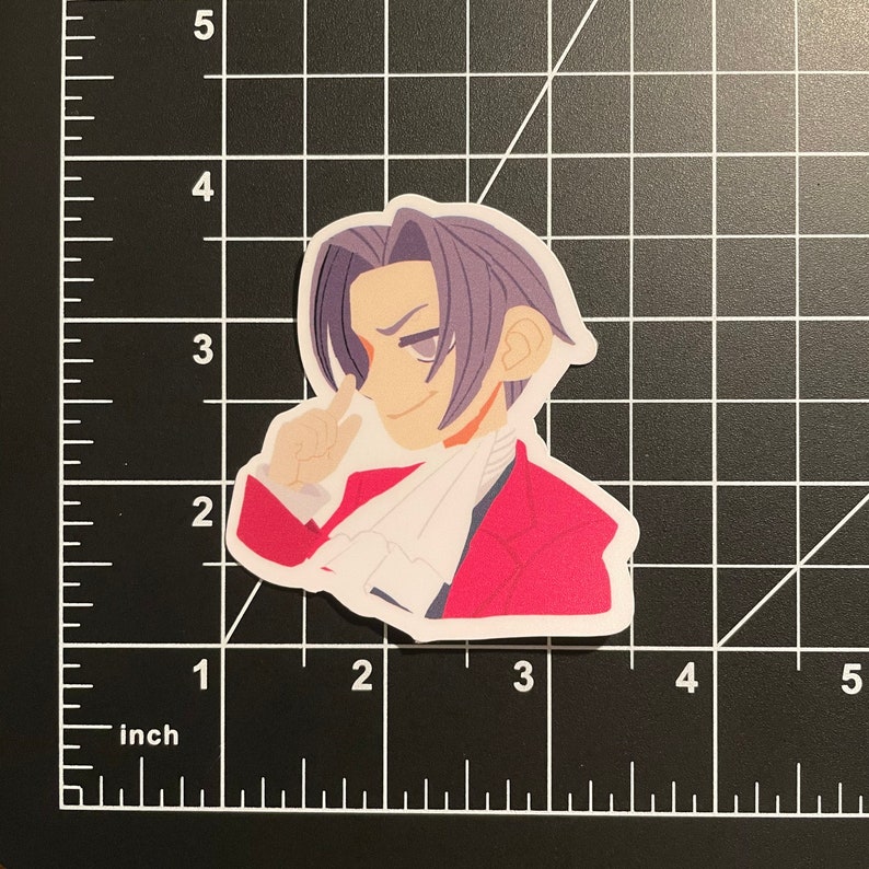 May include: A sticker of a cartoon character with purple hair, wearing a red jacket and a white collar. The character is smiling and has one hand raised to their chin.