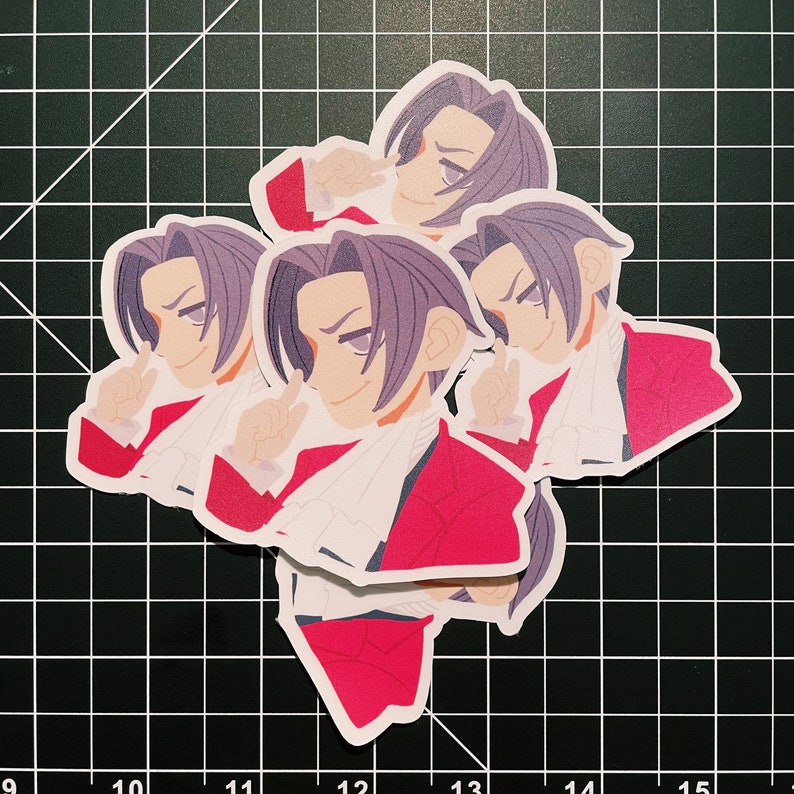 May include: Four stickers of a cartoon character with purple hair, wearing a red jacket and white shirt, with a mischievous expression. The character is making a peace sign with their right hand.