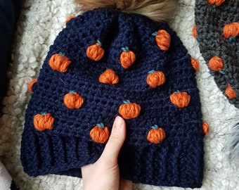 Pumpkin Beanie Crochet Pattern / Toddler to Adult Size / Fall Toque / Mini Pumpkins / Slouchy Beanie / PDF / Onestopwonders