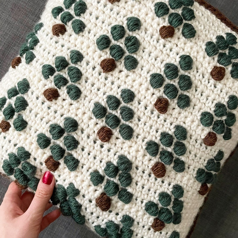 May include: A white crocheted pillow with a repeating pattern of green and brown circles. The pillow has a brown border.