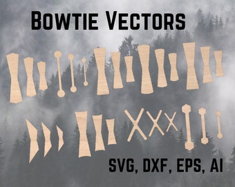 May include: A collection of bowtie shapes in various sizes and styles, perfect for crafting and DIY projects. The shapes are cut from a light brown material and are arranged in a random pattern. The text "BOWTIE VECTORS" is at the top of the image, and the text "SVG, DXF, EPS, AI" is at the bottom of the image.
