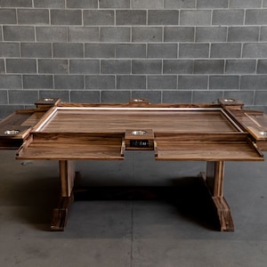 Board game table with fold down player stations, game table, board games, game night, gaming table, D&D table, game room, role playing games