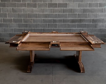 Handcrafted Hardwood Game Table with Fold Down Player Stations