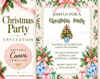 May include: A Christmas party invitation template featuring a watercolor design with holly, red berries, and pink bows. The text reads: JOIN US FOR A Christmas Party, SATURDAY, DECEMBER 12TH, 6:00 IN THE EVENING, THE SMITH RESIDENCE, 235 HOLLY LANE, SMITHVILLE, GEORGIA, KINDLY RSVP TO (912) 456-9876.