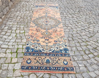 Bunter türkischer Teppich, Handgefertigter Teppich, Läufer, Flurteppich, Oushak Teppich, Einzigartiger Teppich, Küchenteppich 3,3 x 13ft-397 x 99 cm, Perserteppich
