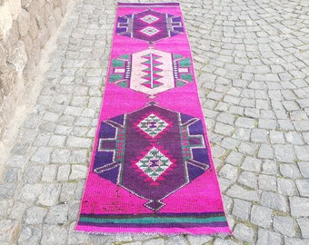 Türkischer Teppich, Vintage Teppich, 30,5 x 2,6 Fuß Läufer, Marokkanischer Teppich, Oushak Teppich, bunter Teppich, Perserteppich