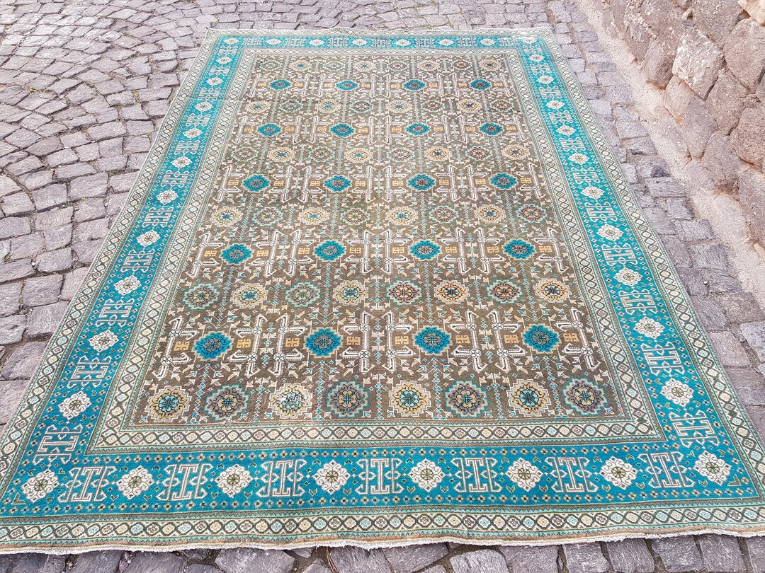 Geometric Olive Green Persian Rug 9.3 X 6.3 Ft Handknotted Etsy