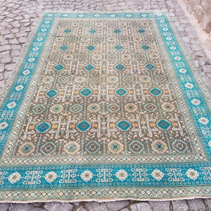 Geometric Olive Green Persian Rug  9.3 x 6.3 ft- Handknotted , sheep wool , vintage rug , handcrafted rug ,turkish rug  286 x 193 cm