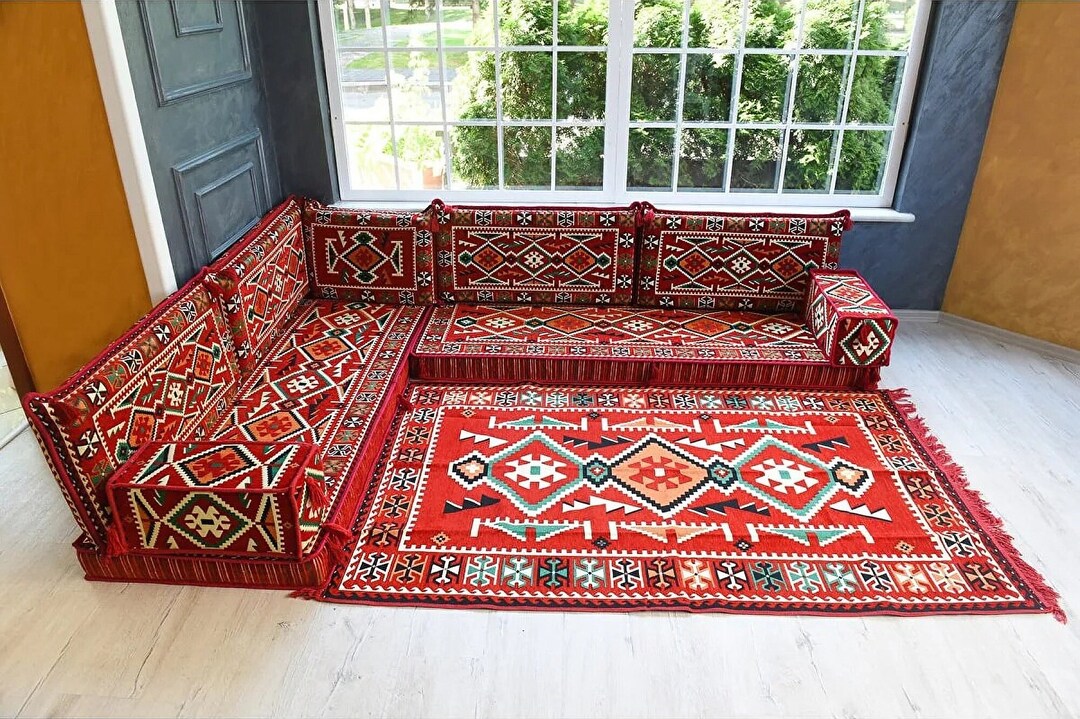 Dark Red Floor Sofa, Sectional Sofa, Floor Cushion Daybed, Arabic Sofa