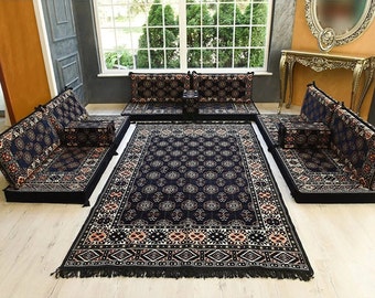 Sofá de piso azul oscuro, sofá seccional, sofá cama con cojín de piso, sofá árabe, cojín único, cojín Kilim, sofá de piso, rincón de lectura