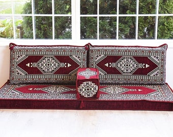 Canapé d'angle marron, canapé sectionnel, lit de repos avec coussin de sol, canapé arabe, ensemble de sièges au sol, coussin kilim, canapé de sol,