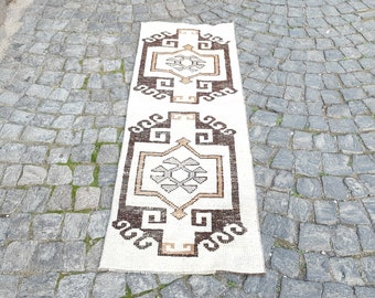 Beige Braun Grauer Teppich Läufer , Handgeknüpfter Teppich , Symbol Muster Teppich , Wollteppich , Küchenteppich , Wollteppich 200 x 65 cm