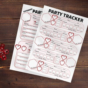 May include: Two white Party Tracker sheets with red text and graphics, including hearts and shields, lie on a dark wood surface. A set of red dice is in the lower left corner. The sheets have sections for character information.